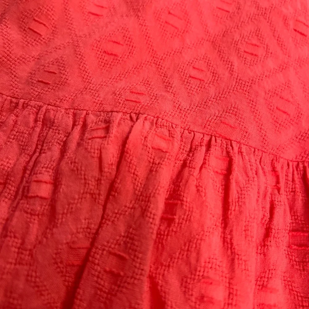 EUC {Anthro} Embroidered Pink Textured Ruffled & Tiered Orange Sundress | Small - Picture 8 of 15